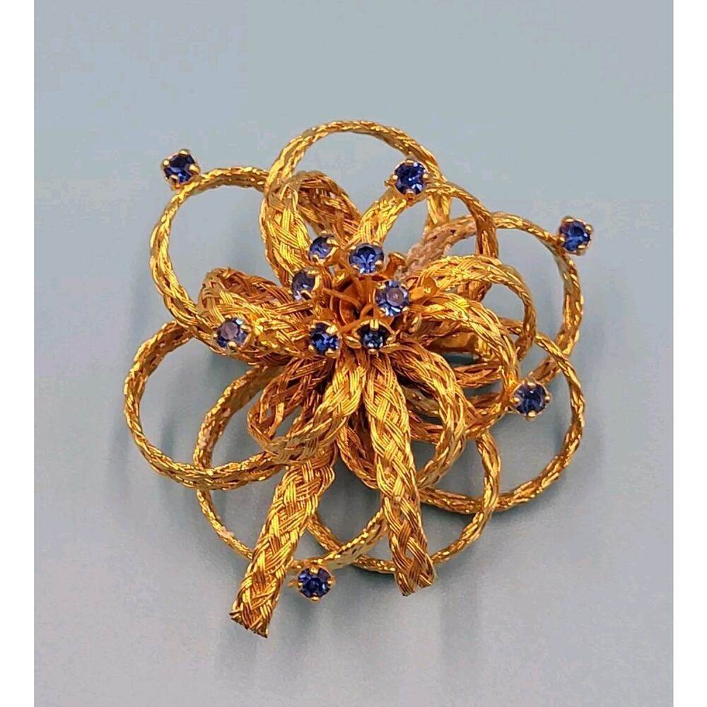 Gold Braid Blue Rhinestone Brooch Pin Woven Mid Century VTG Shimmer 50s 60s